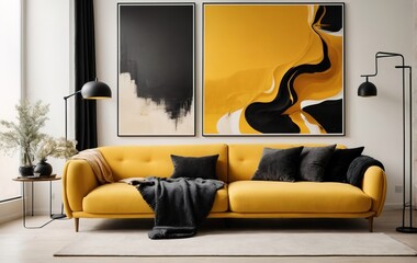 living room features a yellow sofa with black pillows and a matching blanket, against a pristine white wall with an abstract art poster