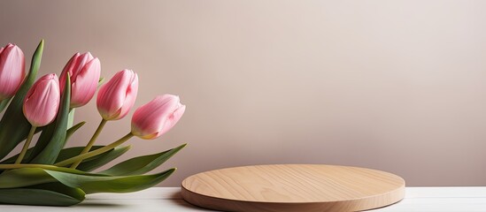 Beauty skincare product presentation with mockup wooden plate and pink tulips.