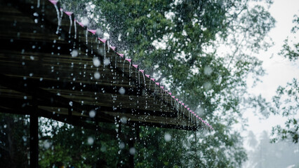 The rain pouring down from the rooftops always looks and feels moving.
Focus on the edge of the roof.