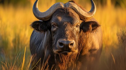 A wild buffalo stands looking directly into the camera in the evening light in the Moremi Okavango Delta, Botswana.