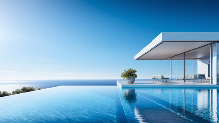Luxurious minimalist villa with infinity pool overlooking the sea, clear blue sky, and a serene atmosphere. AI Generative