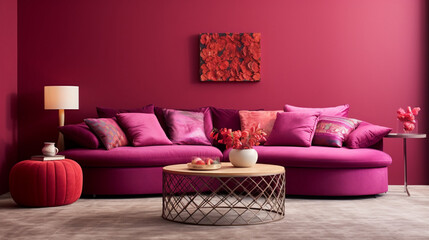 Luxurious, Cozy Living Room with Plush Sofa, Pink Pillows, and Elegant Lighting