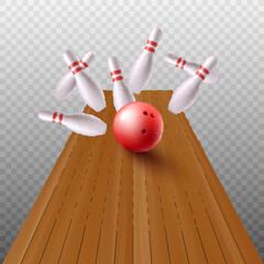 Bowling alley mockup with ball striking pins, realistic vector illustration isolated.