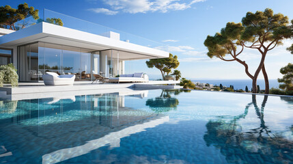Fototapeta premium Luxury modern house with a panoramic view, infinity pool, and stylish outdoor furniture on a sunny day. AI Generative