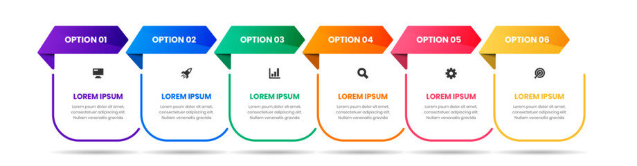 Vector Business Infographic Template with Abstract Design, Line, Icon and 6 Options. Suitable for Process Diagram, Presentations, Workflow Layout, Banner, Flow Chart, Infographic
