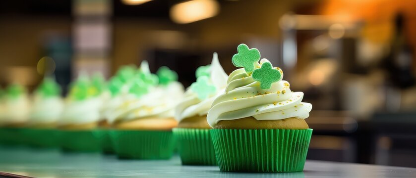 Photo of a defocused scene of a kitchen counter with clover cupcakes, with a clear image of a leprechaun hat in the foreground 