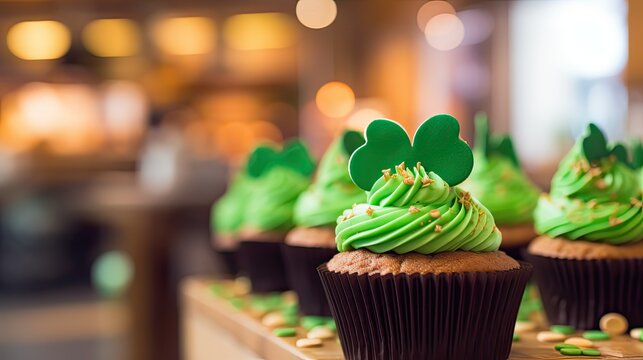 Photograph Of A Defocused Clover Cupcake Display At A Bakery, With The Bakery's Saint Patrick's Day Signage In Sharp Focus 