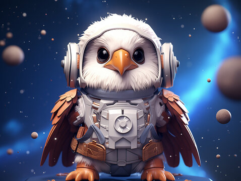 A Cute 3D Eagle Dressed Up Like an Astronaut and Floating through Outer Space
