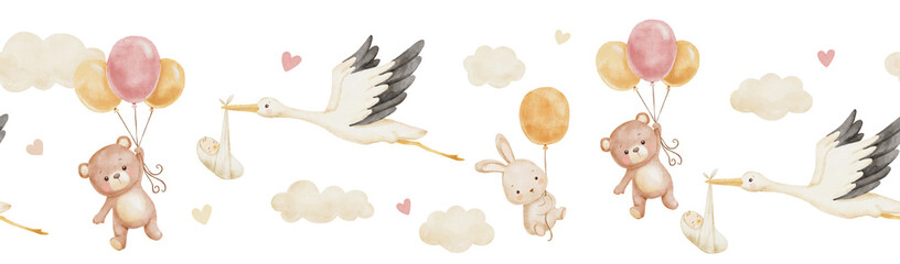 Cute watercolor border for childish textiles or fabrics with flying stork holding newborn, bear and bunny on balloon in clouds on white background - obrazy, fototapety, plakaty