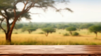 The empty wooden brown table top with blur background of Savanna Safari. Exuberant image....