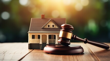 Gavel in front of a house, concept of mortgage, debt, blurred garden background