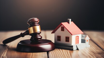 Gavel in front of a house, concept of mortgage, debt