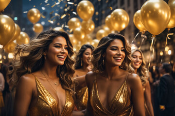 "Generate a 4K resolution image of four happy, stylish young women in glamorous party dresses, holding golden balloons shaped like '2024' at a vibrant and energetic New Year's Eve celebration. 