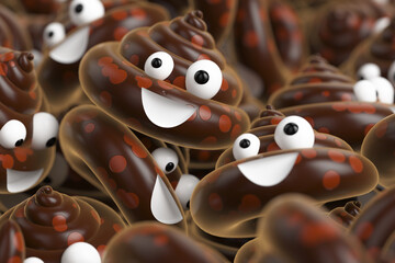 A large group of emoticons in the form of a cheerful SHIT. 3d rendering illustration