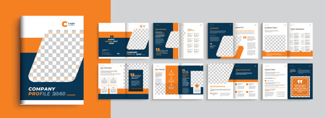 Business brochure template with yellow, red modern shape. Company profile 16 pages a4 brochure template layout design