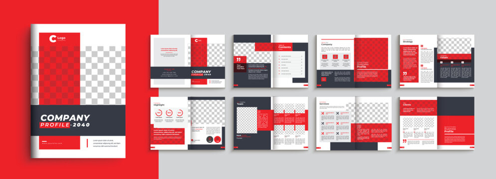 Business brochure template with yellow, red modern shape. Company profile 16 pages a4 brochure template layout design