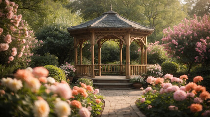 Gazebo in a flowering garden, calm atmosphere, relaxation and meditation, light colors. Path,...
