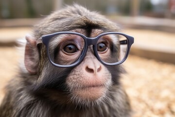 Close up portrait of a monkey wearing glasses and looking at the camera. The concept of a vision problem.