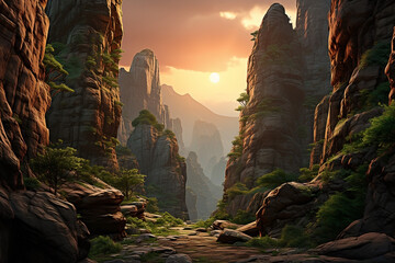 Canyon with sunset between steep rocky cliffs - obrazy, fototapety, plakaty