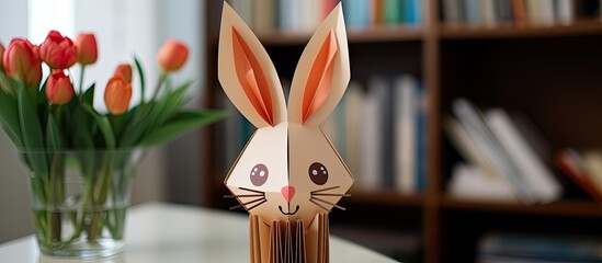Instructions for creating an Easter bunny bookmark using origami, suitable for kids and DIY projects. Step 9: Completed book bookmark featuring a playful rabbit. Easter-themed crafting.