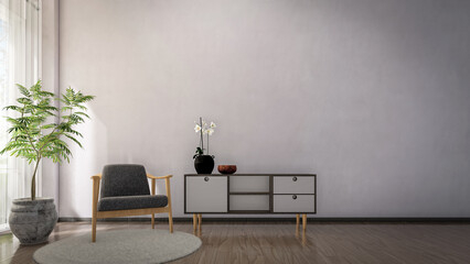 3D Rendering of chair and cabinet front of blank wall
