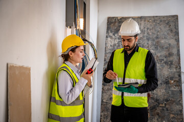 Engineer inspect building structure technicians looking at analyzing unfinished construction project