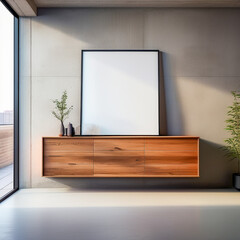 Wooden cabinet, dresser against concrete wall with empty blank mock up frame, Loft home interior full wideangle and copy biggest space