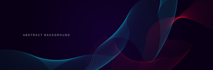Dark purple abstract background with glowing waves. Shiny lines design element. Modern pink blue gradient flowing wave lines. Futuristic technology concept. Vector illustration - obrazy, fototapety, plakaty