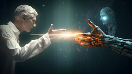 Technology meets humanity background, modern remake of The Creation of Adam. generative AI.