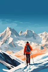 Tuinposter Backcountry skiing in the mountains, minimalistic, poster graphic © Denis