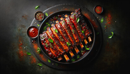 A top view of delicious barbecued ribs seasoned with a spicy basting sauce and served - obrazy, fototapety, plakaty