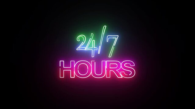 Glowing neon multicolor sign 24 7 on black background. Anytime commercial helpdesk advertisement. Looped 4K Video motion graphic animation. Neon glowing 24/7 hours signboard animation. - Powered by Adobe