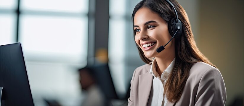 Enthusiastic female call center agent, providing exceptional customer service, supports and assists customers with inquiries using a headset and laptop.