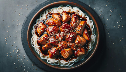 Asian food featuring rice noodles served with chicken in Teriyaki sauce.
