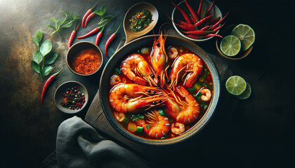 A traditional Thai spicy prawn soup in a bowl