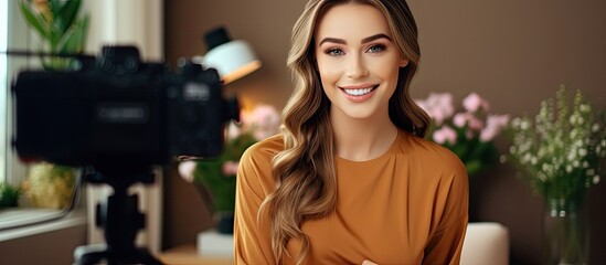 Gorgeous woman professional beauty vlogger sharing live makeup tutorial on social media. - obrazy, fototapety, plakaty