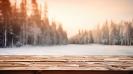 The empty wooden dark brown rustic table top with blur background of winter forest in finland. Exuberant image. generative ai - obrazy, fototapety, plakaty