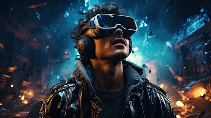 Male gamer plays a computer game wearing virtual reality glasses - obrazy, fototapety, plakaty