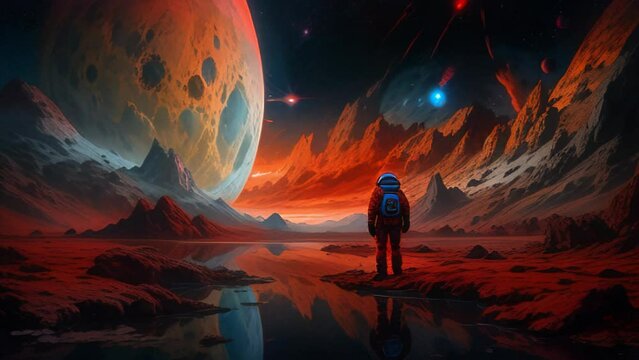 An explorer in a spacesuit stands against the surface of an unknown planet, gazing at large planets and stars. The red terrain and dramatic sky create an ambiance of adventure and discovery.
