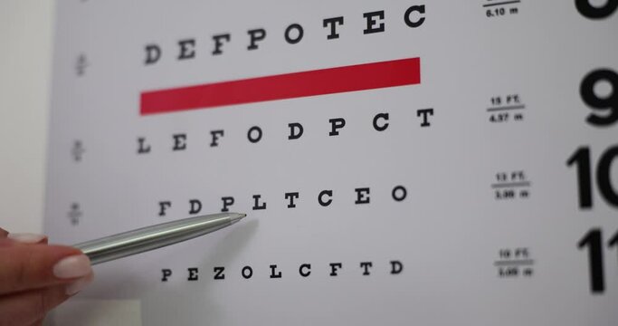 Ophthalmologist holds pen and table for checking vision closeup