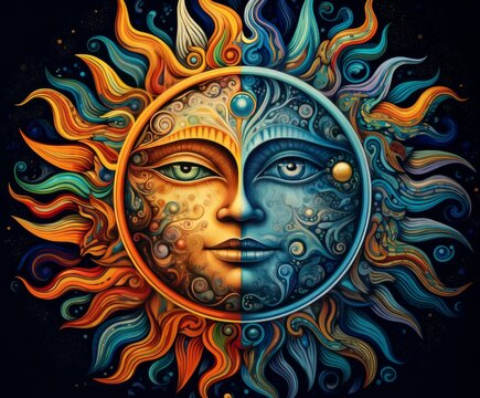 Big circle, half side as sun face and the other half as moon face, sun and moon artwork print wall art abstract canvas wall art, in the style of psychedelic patterns, surrealistic portrait