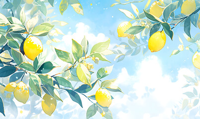 Blue sky and beautiful lemon tree watercolor painting,Generative AI