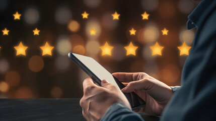 User give rating to service experience on online application, Customer review satisfaction feedback survey concept, Customer can evaluate quality of service leading to reputation ranki. generative AI.