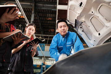 Asian male professional automotive engineer supervisor describes car engine maintenance and repair work with mechanic worker staffs team in fix service garage, specialist occupations in auto industry.