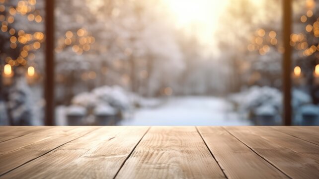 The empty wooden brown table top with blur background of home room in winter. Exuberant image. generative AI