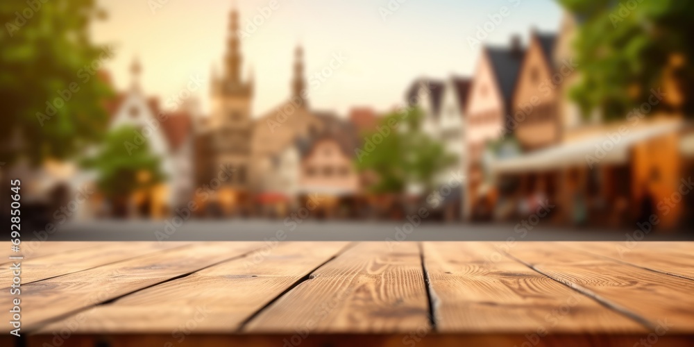 Poster the empty wooden table top with blur background of town square. exuberant image. generative ai