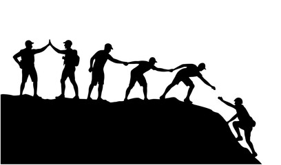 Man help man to climbing mountain. Help and assistance concept. Silhouettes of two people climbing on mountain and helping - obrazy, fototapety, plakaty