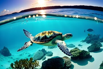 A beautiful sea turtle gliding through ocean