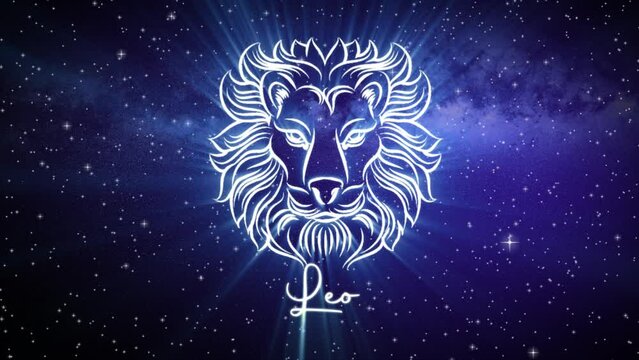 Astrological star sign for Leo, with a shimmering symbol on a deep space background with stars in 3D space and a smooth camera move slowly pushing into a close up, in dark blue and teal colors