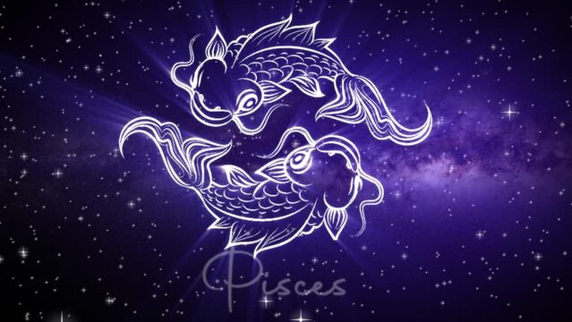 Astrological star sign for Pisces, with a shimmering symbol on a deep space background with stars in 3D space and a smooth arcing camera move, in a mystical dark purple and pink color scheme